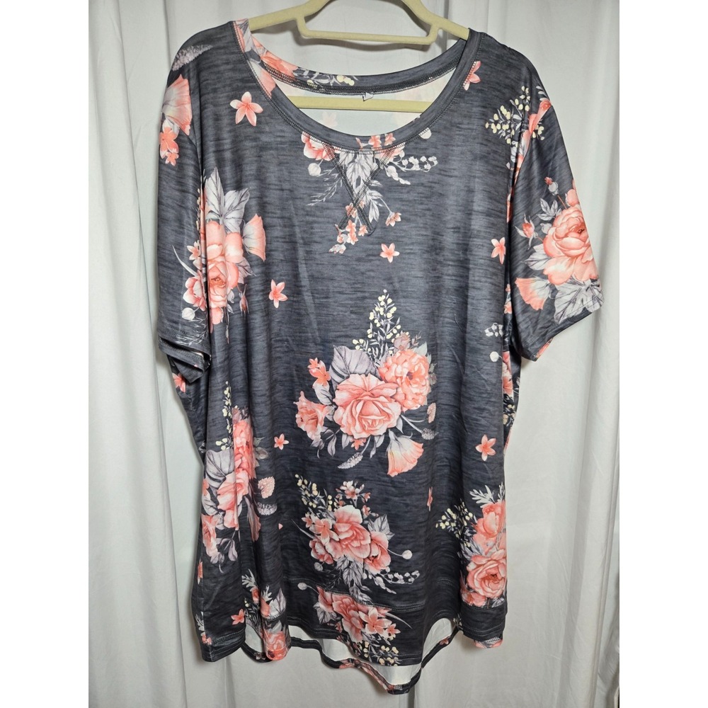 4XL Charcoal Peach Floral Tunic Top Stretch Rayon Spandex Short Sleeve Hi/Lo Hem